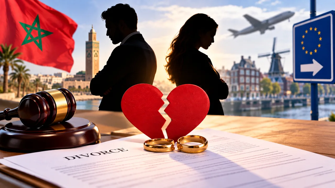 Illustration du divorce entre le Maroc et l’Europe : couple séparé, alliances et marteau de justice