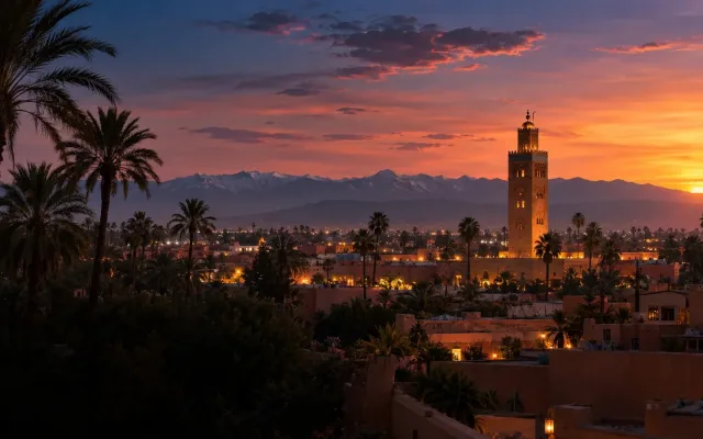 أسطح مراكش وصومعة الكتبية عند غروب الشمس